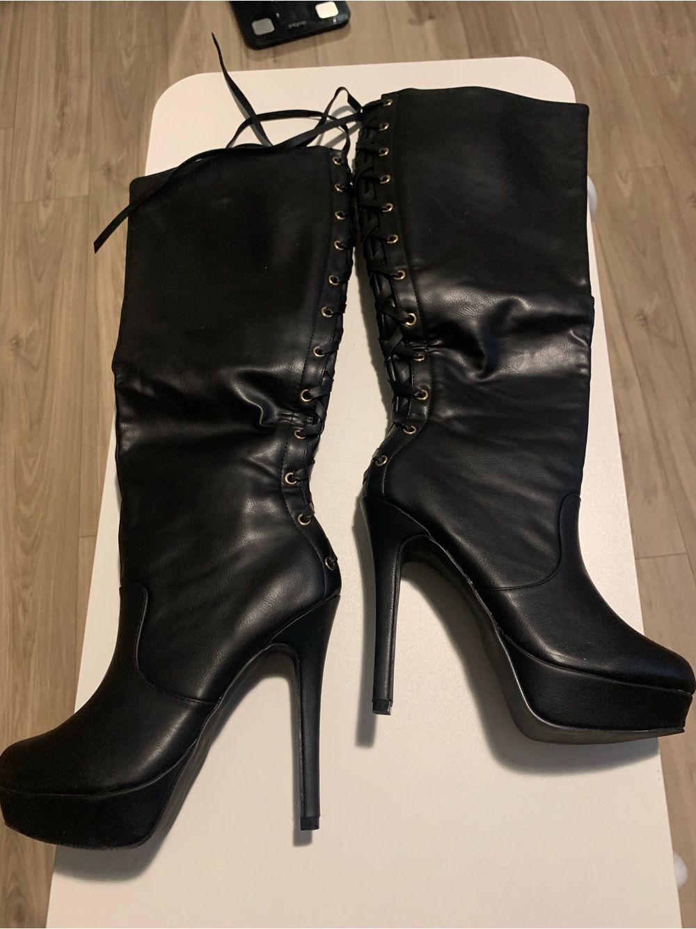 Shoe Dazzle Black Lace-Up Platform Knee Boots